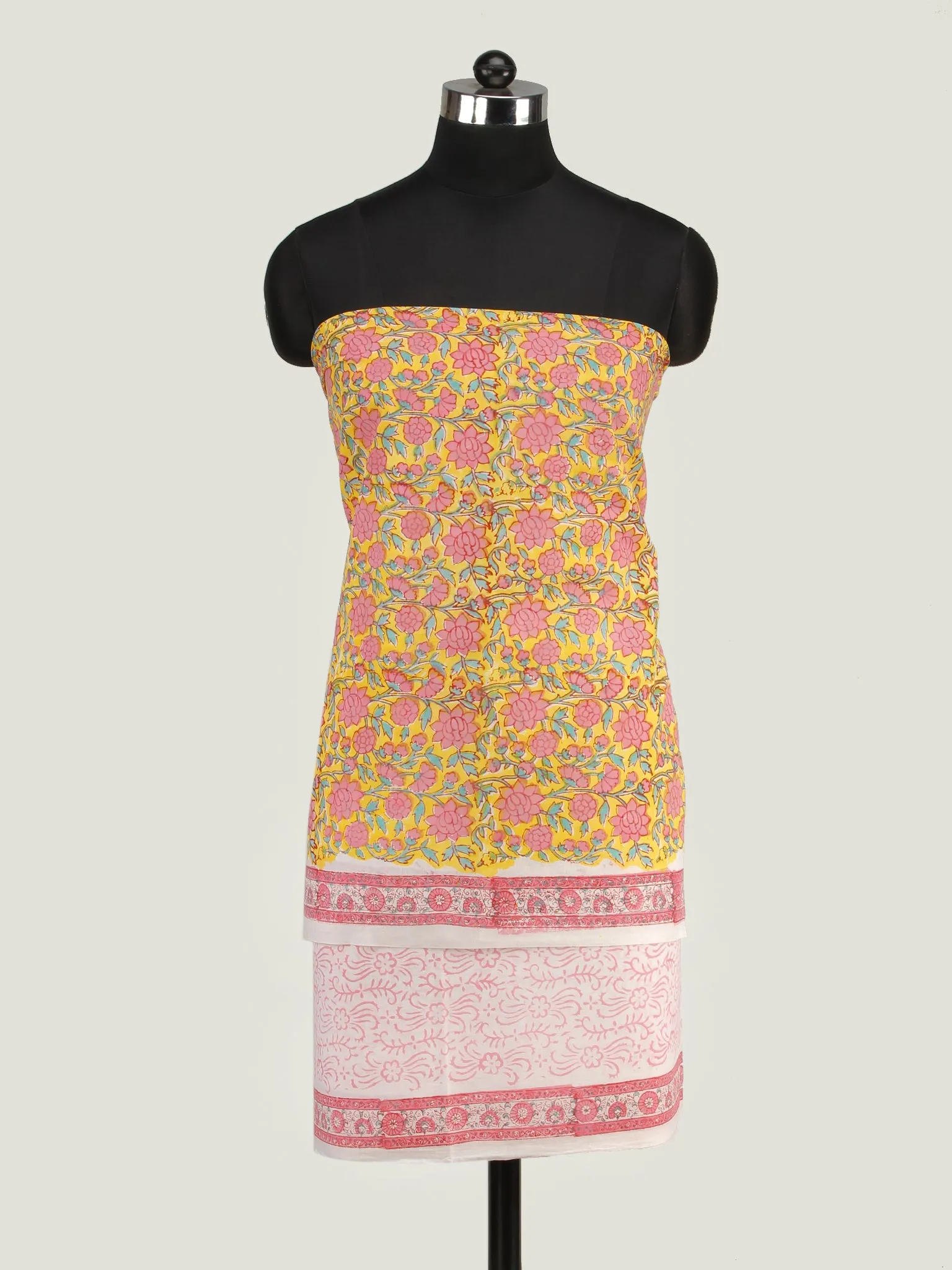 Yellow Pink White Hand Block Printed Cotton Suit-Salwar Fabric With Chiffon Dupatta (Set of 3) - SU01HB444