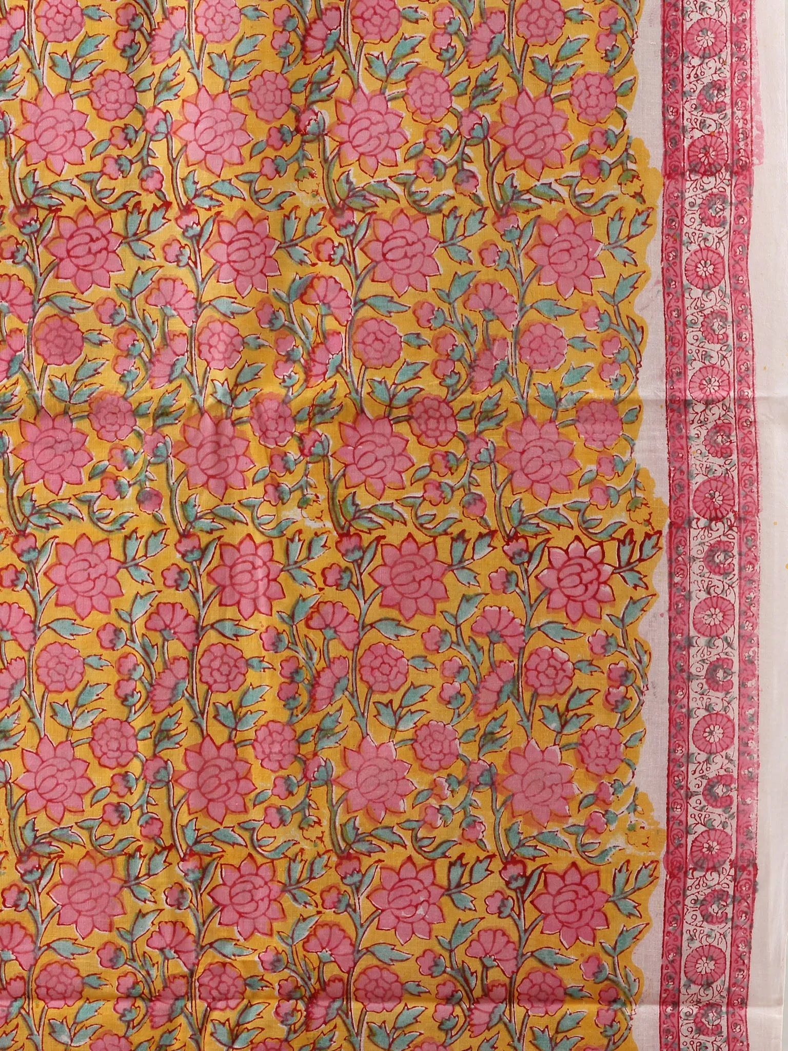 Yellow Pink White Hand Block Printed Cotton Suit-Salwar Fabric With Chiffon Dupatta (Set of 3) - SU01HB444