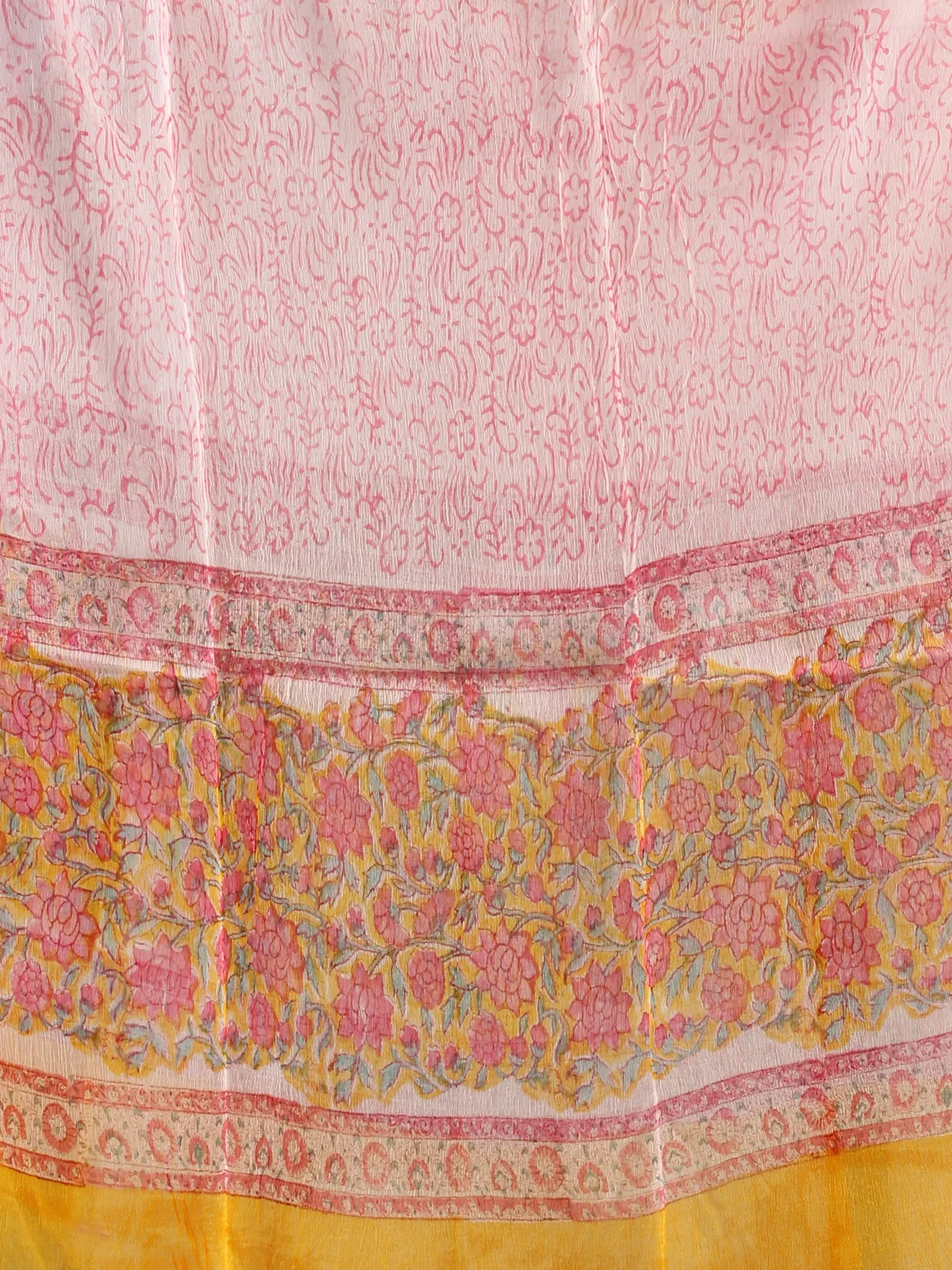 Yellow Pink White Hand Block Printed Cotton Suit-Salwar Fabric With Chiffon Dupatta (Set of 3) - SU01HB444